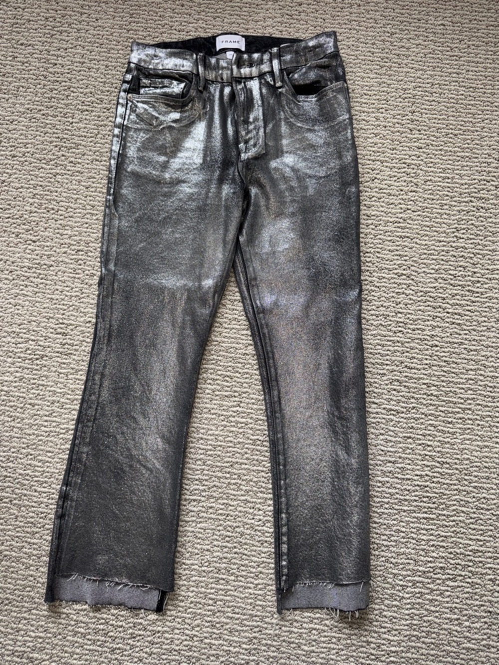 Frame Denim Metallic Silver Cropped Jeans